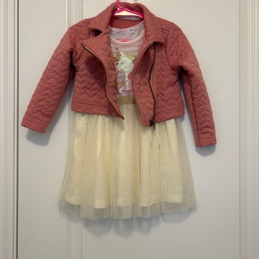 Pink Quilted Jacket with Cream Tulle Dress